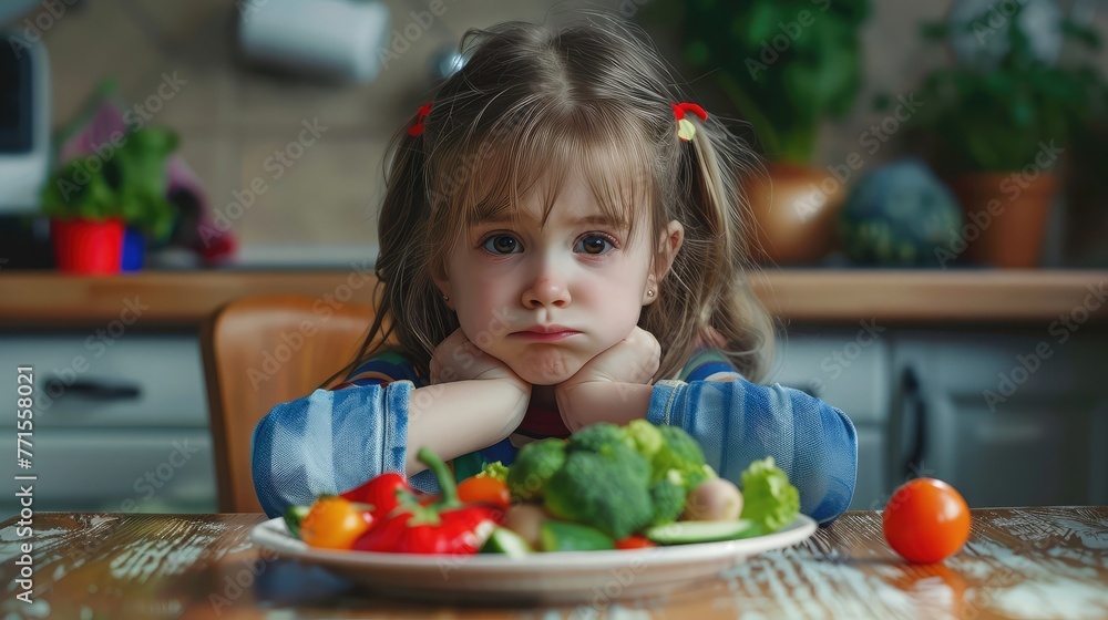 Little is unhappy Sulking child sitting in front of a plate of vegetables on the table because does not like to eat salad.