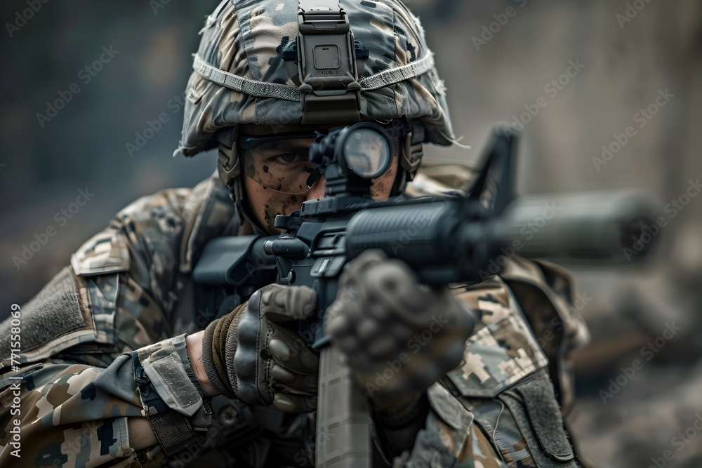 Resolute Soldier Aiming Rifle in Tactical Combat Gear During Covert Military