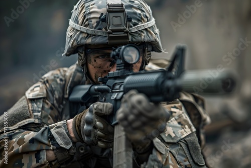 Resolute Soldier Aiming Rifle in Tactical Combat Gear During Covert Military