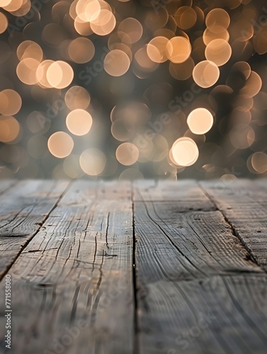 Rustic Wooden Planks with Warm Glowing Bokeh Lights in the Background