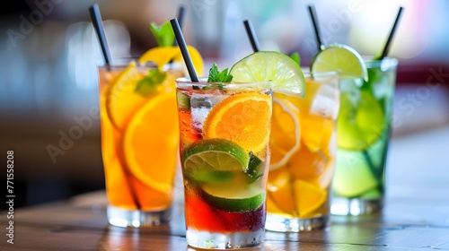 Vibrant and Refreshing Citrus Cocktail Drinks with Garnishes on Rustic Wooden Table