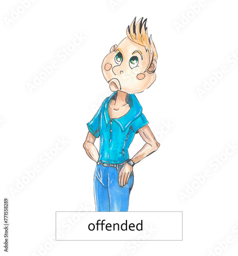 Sad offended blond boy cartoon illustration. Types of Emotions . Pen marker illustration.