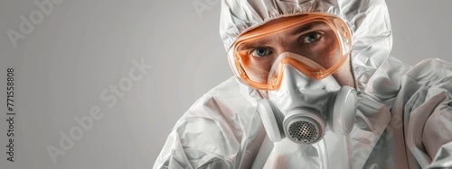 Worker wears medical protective suit or white coverall suit with mask and goggles analyze. Creative Banner. Copyspace image photo