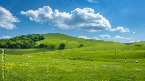 Verdant rolling hills with grazing sheep, blue sky, and wildflowers, backdrop