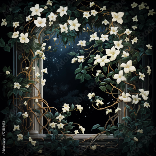 Midnight Jasmine by the Window: This enchanting digital depiction shows jasmine flowers blooming by a window, their ivory petals glowing against the backdrop of a mystical midnight sky