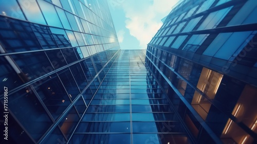 Low angle view of tall modern building with lots of glass, AI generated image.
