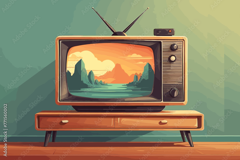 Obraz premium television on the table with a retro style concept. Vector flat illustration