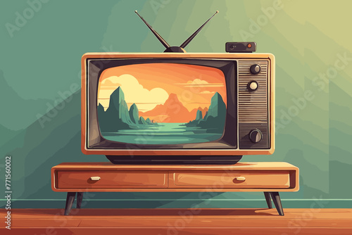 television on the table with a retro style concept. Vector flat illustration