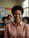 Portrait of attractive young black african teacher woman on kindergarten preschool classroom school daycare center background smiling from Generative AI
