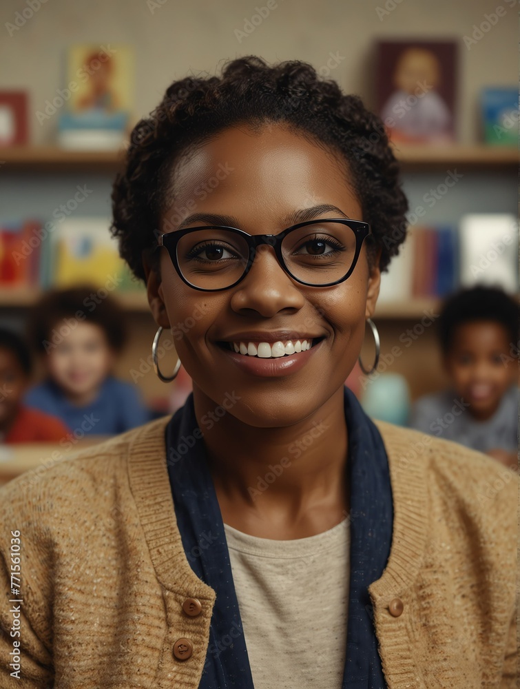 Portrait of middle aged black african teacher woman on kindergarten preschool classroom school daycare center background smiling from Generative AI Portrait of middle aged black african teacher woman on kindergarten preschool classroom school daycare center background smiling from Generative AI