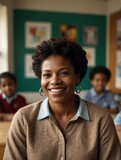 Portrait of middle aged black african teacher woman on kindergarten preschool classroom school daycare center background smiling from Generative AI
