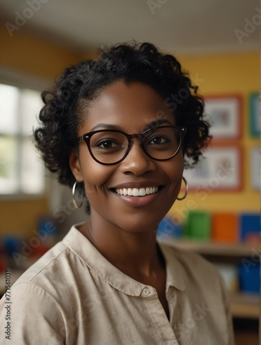 Portrait of middle aged black african teacher woman on kindergarten preschool classroom school daycare center background smiling from Generative AI
