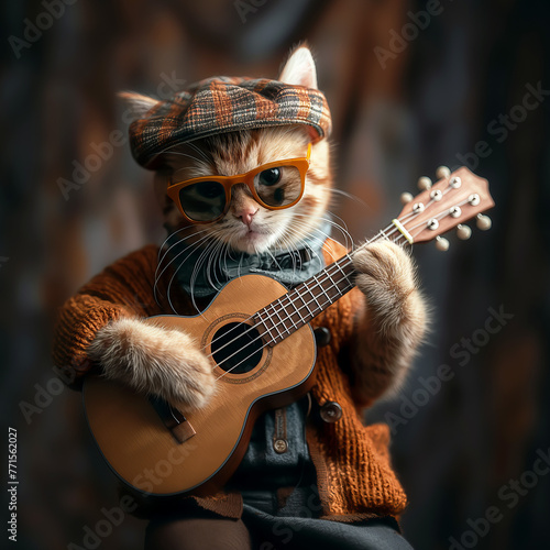 cat with a guitar and sunglasses