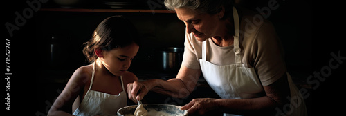 Grandmother and granddaughter baking together in a home kitchen at dusk, they are both standing at a kitchen counter, focusing intently on mixing ingredients in a bowl with natural light  photo