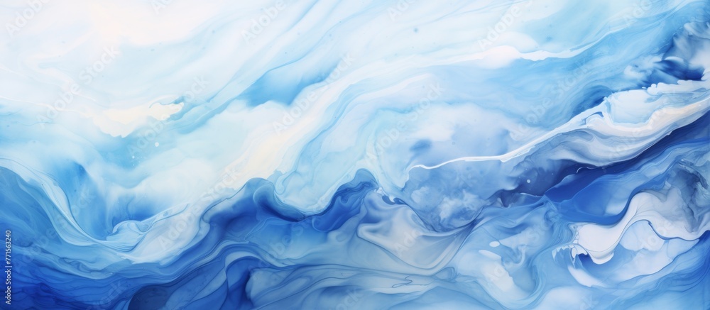 A detailed view of a blue and white marble texture resembling a natural landscape with swirling water patterns, reminiscent of wind waves and fluffy cumulus clouds