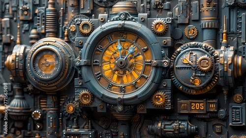 "2025" crafted from intricate gears and machinery, set against a matte black background for a steampunk vibe