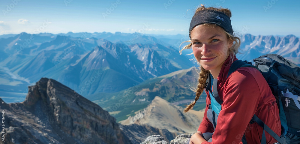 A female hiker enjoying a break atop a mountain, smiling broadly into the camera as the wide-open scenery stretches out behind her