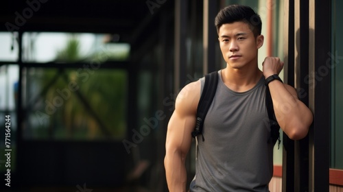 A muscular Sexy Asian Man, a fitness model is standing on the street, looking away. Outdoor training, Sports Nutrition, Clothing, Healthy lifestyle concepts. Horizontal Banner with copy space © liliyabatyrova