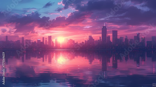 "2025" depicted as a futuristic city skyline, with sleek skyscrapers rising against a sunset-lit horizon