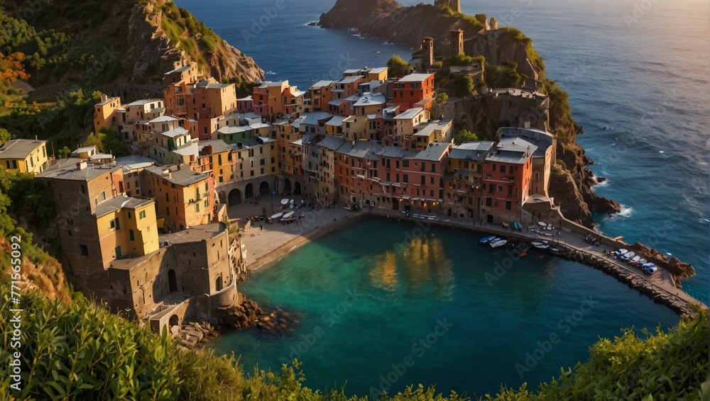 Vernazza village and stunning sunrise,Cinque Terre,Italy,Europe. Panorama of Vernazza and suspended garden,Cinque Terre National Park,Liguria,Italy,Europe