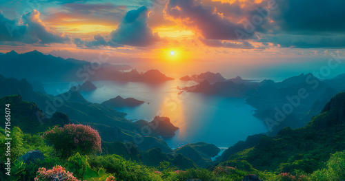 Image of mountain scenery at hu  ng vi   at sunrise or sunset. Suitable for use in advertising. Technology products and website design work Image generated by AI