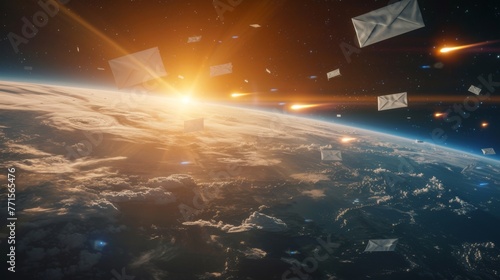 Envelopes floating in outer space above the Earth with the sun shining brightly on the horizon