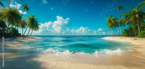 Picture of a fine white sand beach turquoise sea water with coconut trees lined up Suitable for use in advertising. Technology products and website design work Image generated by AI © Chainat