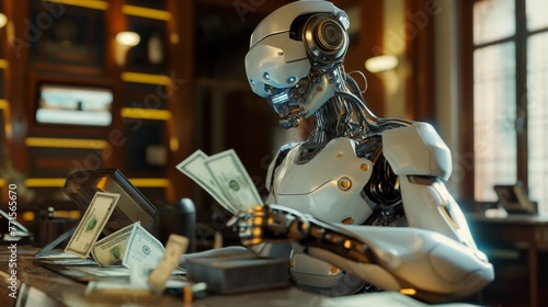 Bank manager robot counting cash. Using ai technology for make money.
