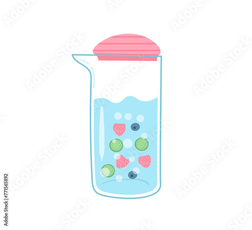 Quote drink more water print, drinking with glass bottle and glass. Doodle hand drawn cute trendy vector illustration. Various flask on white background. Mineral and natural water in clear bottles. 