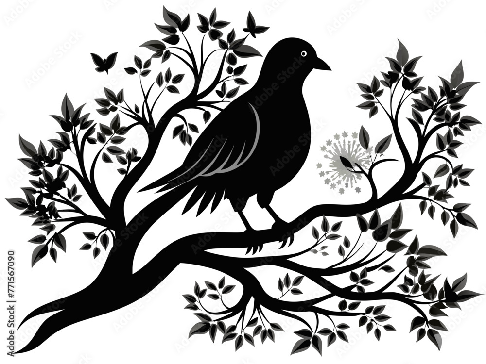 Obraz premium Black and white dove on a tree branch vector.