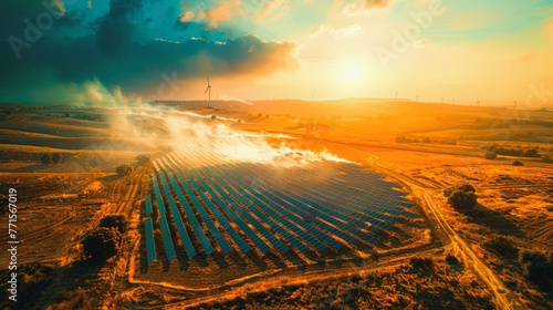Aerial and ground level images of renewable technologies solar panels and wind infrastructure, A rows of photovoltaic solar panels power generation in the grassland at sunrise in the morning