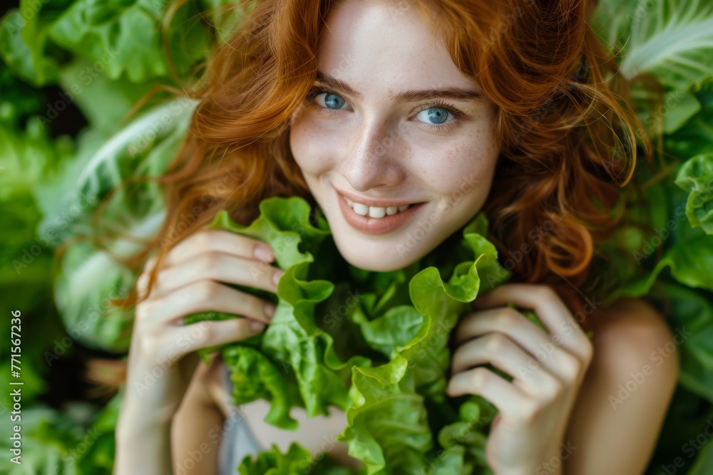 Smiling Red-Haired Woman Holding Fresh Green Lettuce Leaves Close-Up Smiling Red-Haired Woman Holding Fresh Green Lettuce Leaves Close-Up