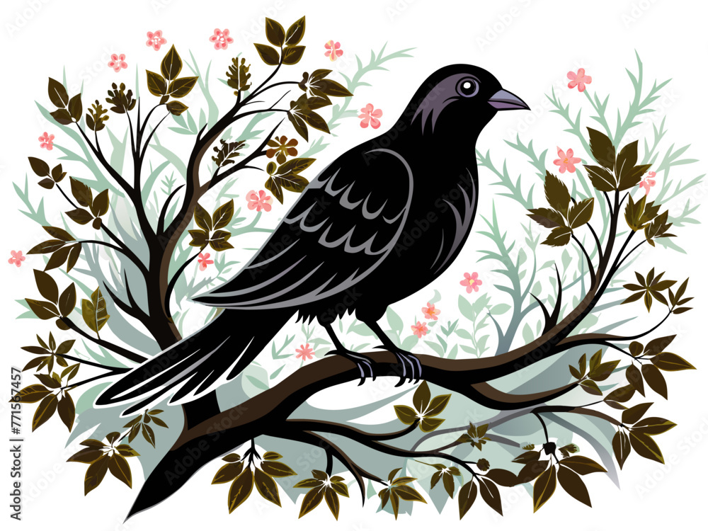 Fototapeta premium Black and white dove on a tree branch vector.