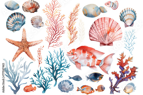 Seamless ocean pattern with seashells, starfish and other marine life