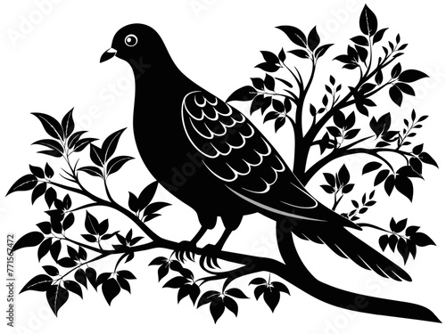 Black and white dove on a tree branch vector. © KHF