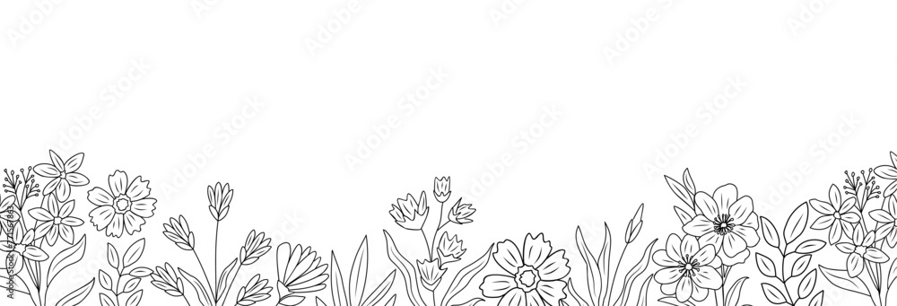 Wild blooming meadow flowers and herbs border. Horizontal banner, floral overlay backdrop. Botanical monochrome ink sketch style hand drawn vector illustration isolated on transparent background. - obrazy, fototapety, plakaty 