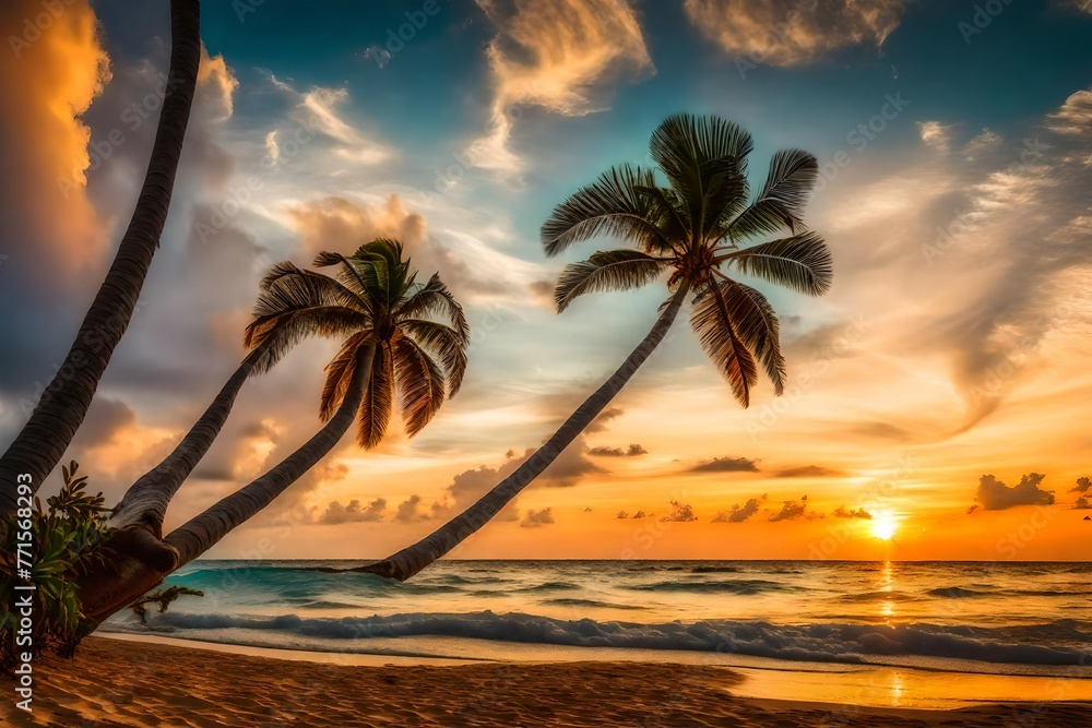 a romantic sunset on the beach. A swinging palm tree stands beneath a sky full of magnificent clouds.