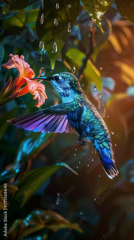 A hummingbird flies gracefully near a brightly colored flower in the air