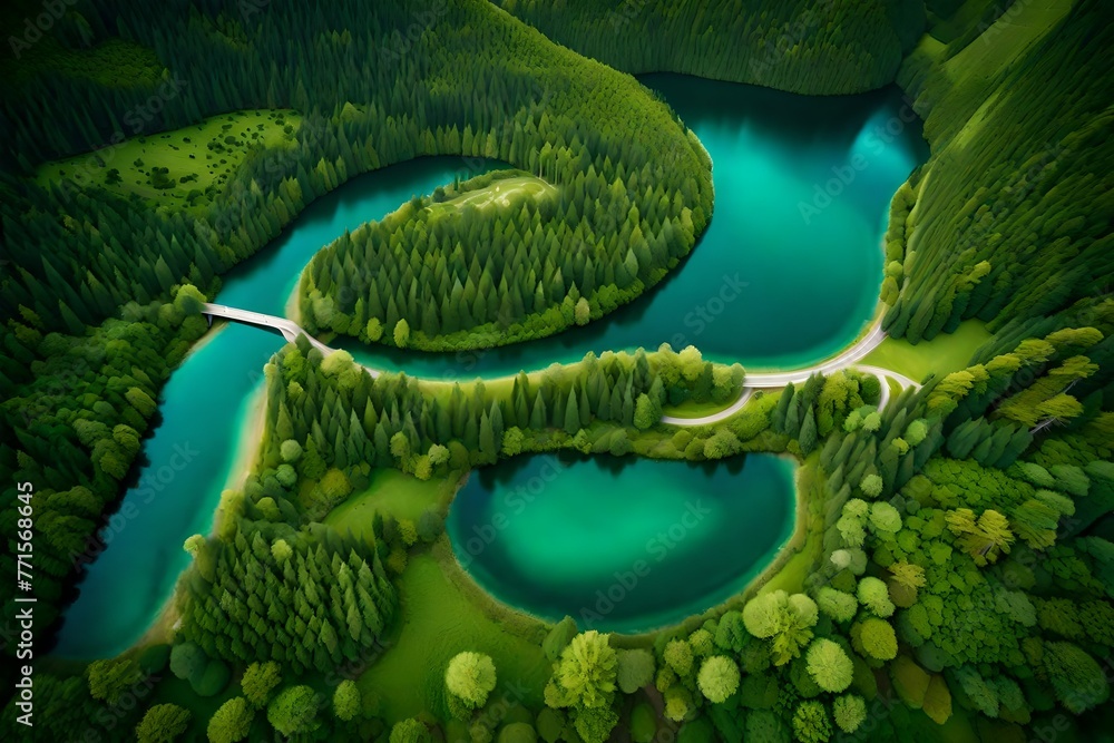 Fototapeta premium Summertime aerial image of a road through verdant forests and azure lakes.