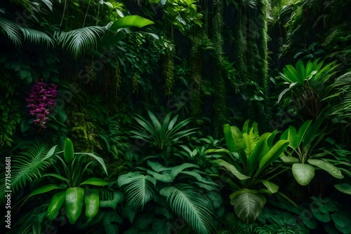 Rich green hues abound in this plant wall  which is adorned with a variety of orchids  fern leaves  jungle palms  and flowers against a backdrop of a rainforest.