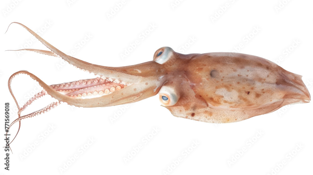 Raw fresh squid isolated on white background. Fresh shellfish, squid isolated. Top view Raw fresh squid isolated on white background. Fresh shellfish, squid isolated. Top view