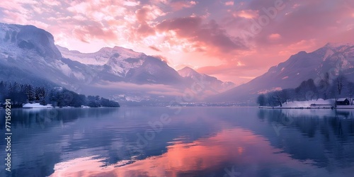 Scenic winter sunset at Lake Annecy HauteSavoie surrounded by French Alps mountains. Concept Winter Photography, Scenic Sunsets, Lake Annecy, French Alps, Haute-Savoie