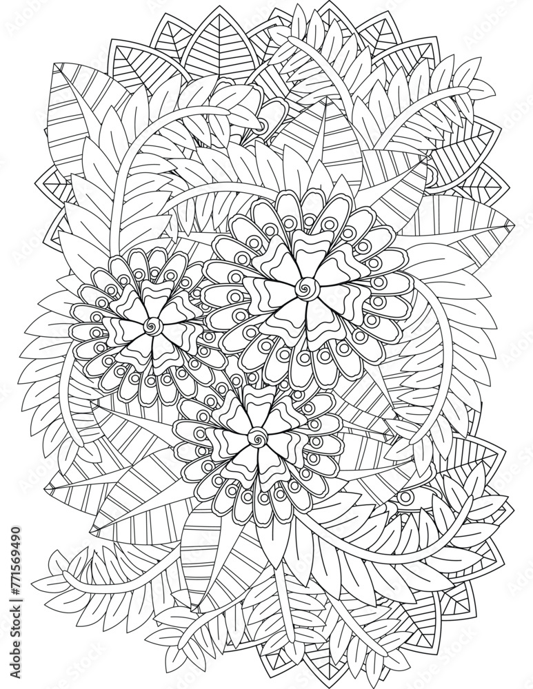  Zen tangle Coloring-Pages for Vector doodle flowers in black and white.adults and kids