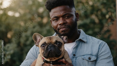 Happy young African American man with dog