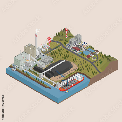 the coal energy, coal power plant with isometric graphic