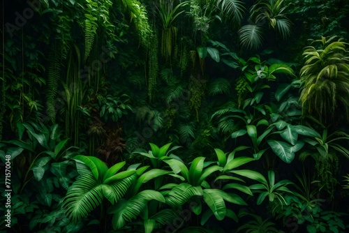 Rich green hues abound in this plant wall  which is adorned with a variety of orchids  fern leaves  jungle palms  and flowers against a backdrop of a rainforest.