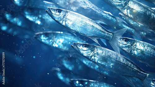 A close-up view of a shimmering school of silverfish, their scales reflecting light, set against the deep blue of the open ocean Ai Generative © SK