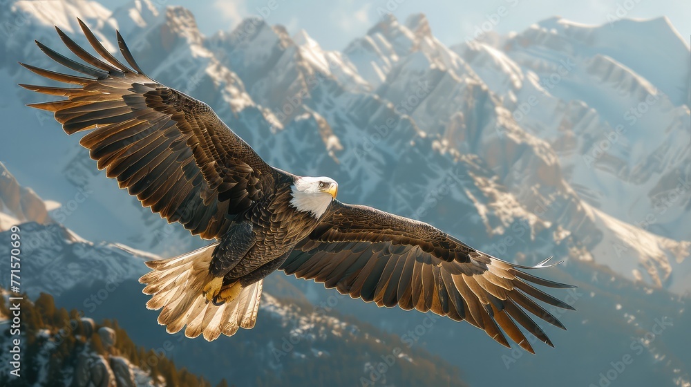 In flight, a bald eagle extends its wings wide against the backdrop of stunning snow-capped mountains under a clear sky. In flight, a bald eagle extends its wings wide against the backdrop of stunning snow-capped mountains under a clear sky.