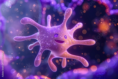 Cheerful 3D neuron character with a glowing body in a lively, colorful, abstract neural network