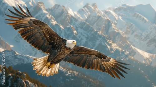 In flight, a bald eagle extends its wings wide against the backdrop of stunning snow-capped mountains under a clear sky. © HappyFarmDesign